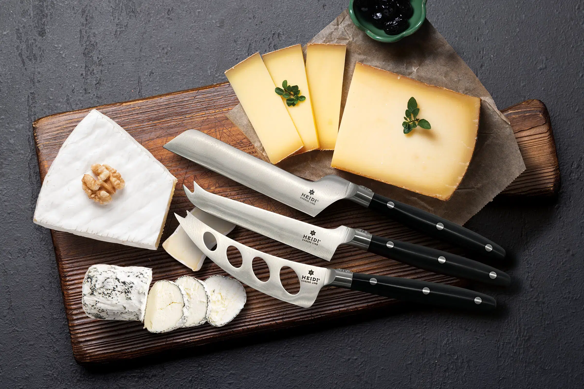 Heidi Cheese Line Set couteaux fromage 3pcs avec mitre Edelweiss : couteau pâte molle 231mm + couteau universel 216mm + couteau pâte dure 241mm