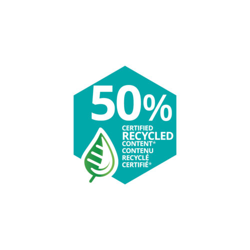 L'emblème indique "50% contenu recyclé certifié".