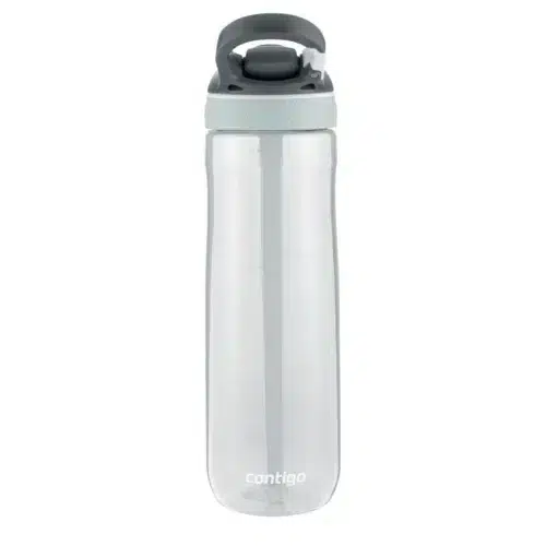 Une bouteille d'eau Contigo transparente avec un bouchon gris.