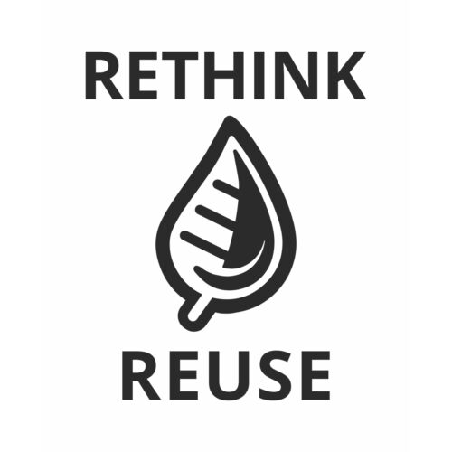 Le logo combine une feuille et les mots "RETHINK REUSE".