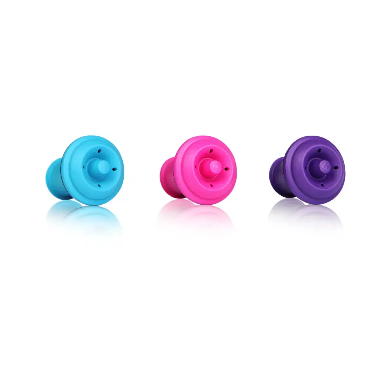 Trois boutons colorés bleu, rose et violet alignés.