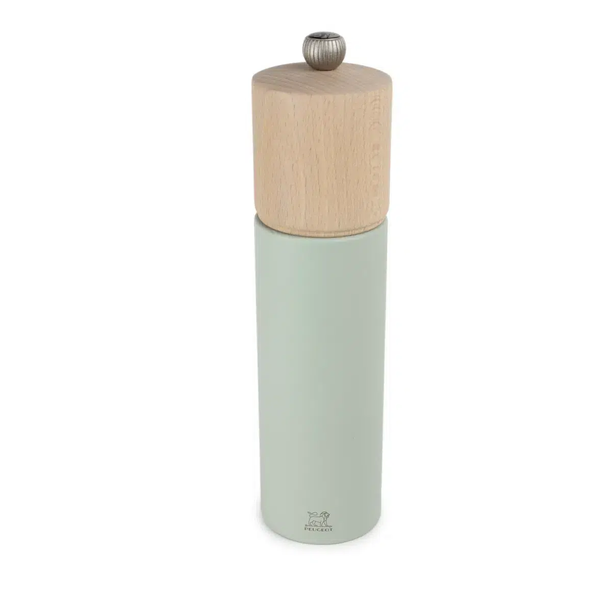 Eine Salz- oder Pfeffermühle im minimalistischen Design mit hellblauem Korpus und natürlichem Holzdeckel.