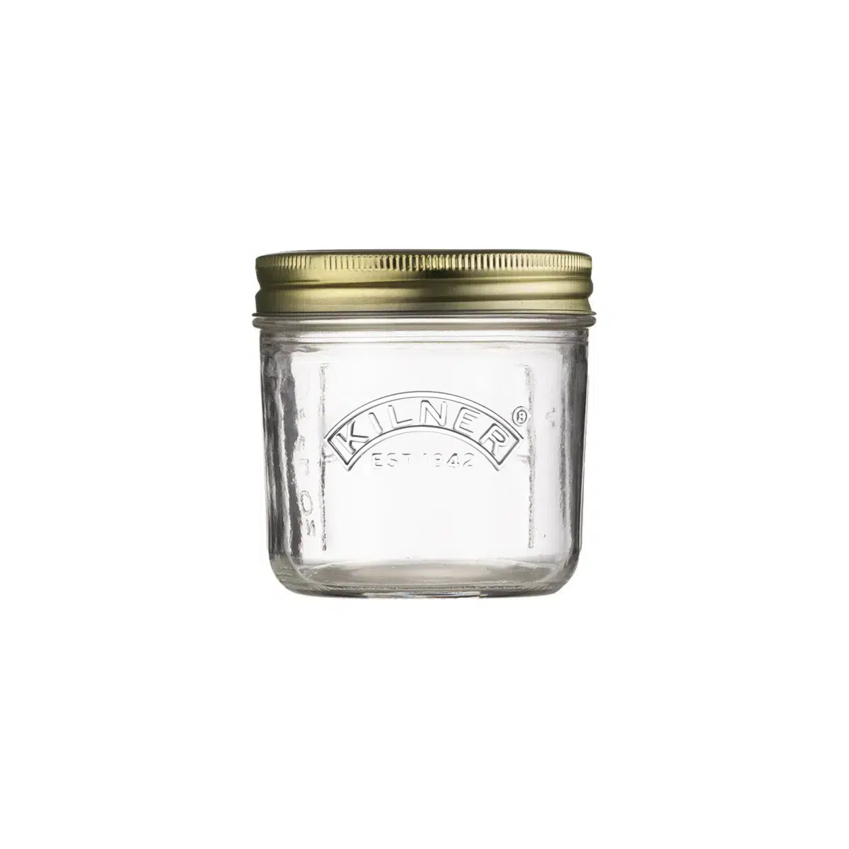 Ein durchsichtiges Kilner-Glasgefäß mit goldenem Schraubdeckel, isoliert auf weißem Hintergrund.